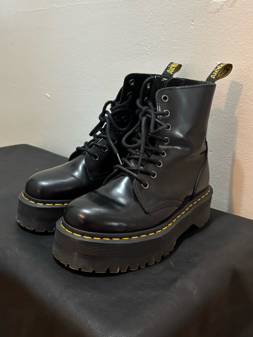 Dr. Martens Black Platform Lace-Up Boots with Yellow Stitching